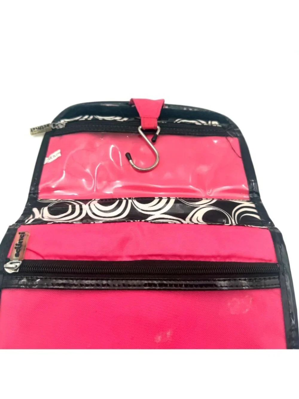 Scunci Hanging Travel Cosmetic Makeup Organizer Bag Black White Circle Print